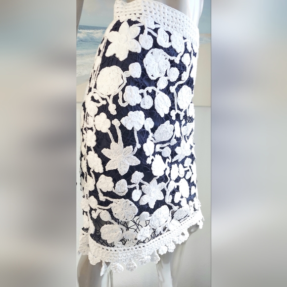 $2,490 NEW W. TAG OSCAR DE LA RENTA WHT NAVY FLORAL RUNWAY SKIRT US XS - Picture 5 of 9